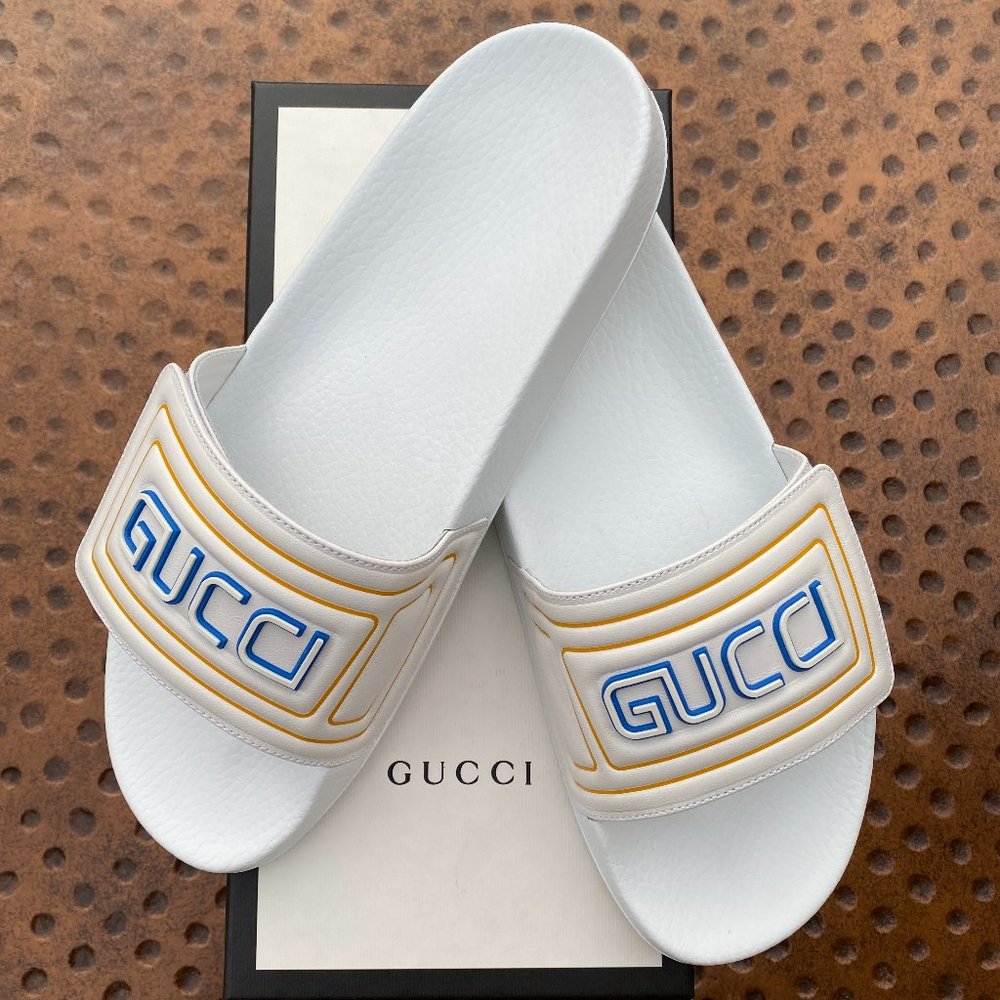 Gucci Logo Leather Slide in White NEW IN BOX